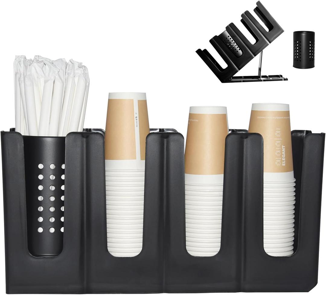 Cup Holder Lid Dispenser with Straw Organizer,4 Compartment 7 Adjusting,Disposable Paper Cup Storage Organizer for Breakroom Countertop Coffee Station Bar Restaurant Beverage Kitchen Coffee Truck