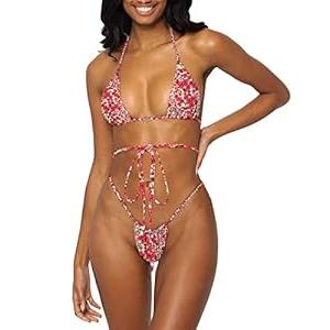 Women Halter String Bikini Set Sexy Thong Cheeky Two Piece Swimsuits Solid Color Bathing Swimwear (Small, Red Flower)