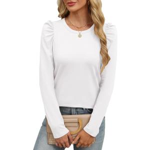 ANRABESS Womens Puff Long Sleeve Shirts Crewneck Fall Tops Basic Dressy Casual Blouses 2024 Trendy Outfits (XX-Large, White)