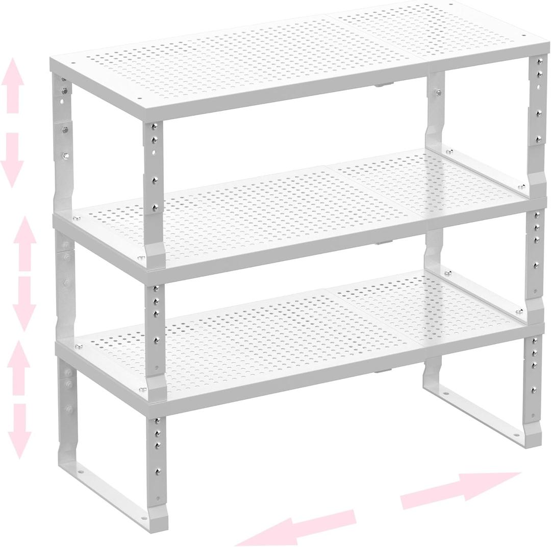 Metal Stackable Expandable Storage Shelf - Multi-Functional Home Storage Shelf, Suitable for Kitchen, CabinetBathroom, Office, Garage, etc.3 Pack, White, Large