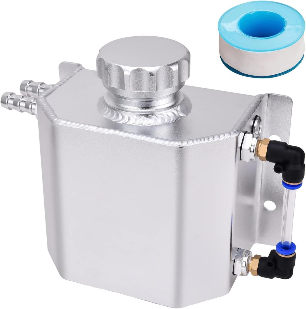 SPEEDWOW Coolant Overflow Tank, Aluminum Radiator Overflow Tank with Teflon Tape & O-ring Gasket, 1 L Universal Reservoir Expansion Tank (Silver)