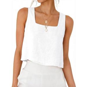 IDEALSANXUN Womens Square Neck Linen Tank Tops Spring Summer Beach Sleeveless Shirts Blouses Vest Top (White, S)