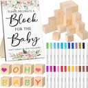 Tatuo 75 Pcs Baby Shower Block Games Here Comes The Son Baby Shower Decor 50 Blank Wooden Blocks 1 Decorate a Block Sign and 24 Paint Markers Party Decorations Activities for Guests(Floral)