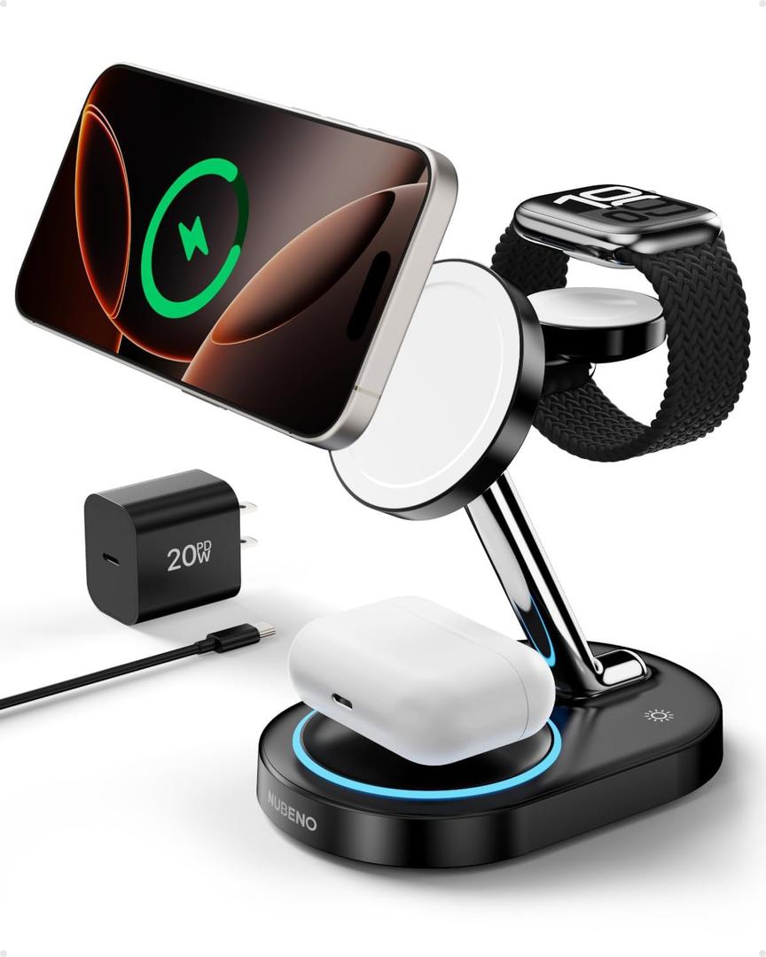 Nubeno Charging Station for iPhone 16/ 16 Pro/ 16 Pro Max, Wireless Charger for MagSafe iPhones, 3 in 1 Magnetic Charger Stand for iPhone 16/ 15/ 14/ 13/ 12 Series, Apple Watch & AirPods.(Blk)