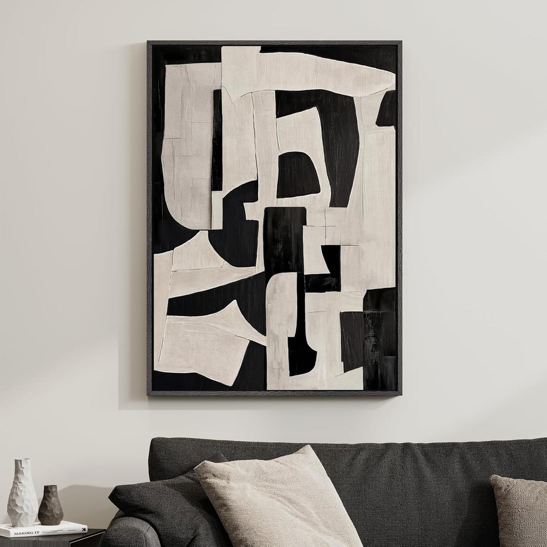 Framed Neutral Abstract Wall Art, Modern Black and Beige Canvas Prints Paintings Artwork for Walls, Minimalist Black White Pictures for Living Room, Hallway, Dining Room, Bedroom Wall Decor 24x36 In