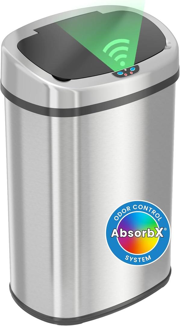 iTouchless 13 Gallon Automatic Sensor Trash Can with AbsorbX Odor Filter, Stainless Steel Kitchen Garbage Bin, Fingerprint-Proof, Hands-Free Operation, Oval (Light Silver, Black)