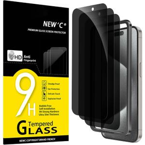 NEW'C 3 Pack Privacy for iPhone 15 Pro Max Screen Protector (6.7 inches), Anti-Spy Tempered Glass Film, Case Friendly Ultra Resistant, Balanced 28-Degree Privacy Angle-Easy installation Tool included