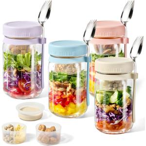 4 Pack Glass Salad Mason Jars with Dressing Cup and Spork, 32 oz Mason Jars Salad Container with Lids Meal Prep for Lunch, 2 Insert Separate Cups with Divider for Dressing & Dry Ingredients