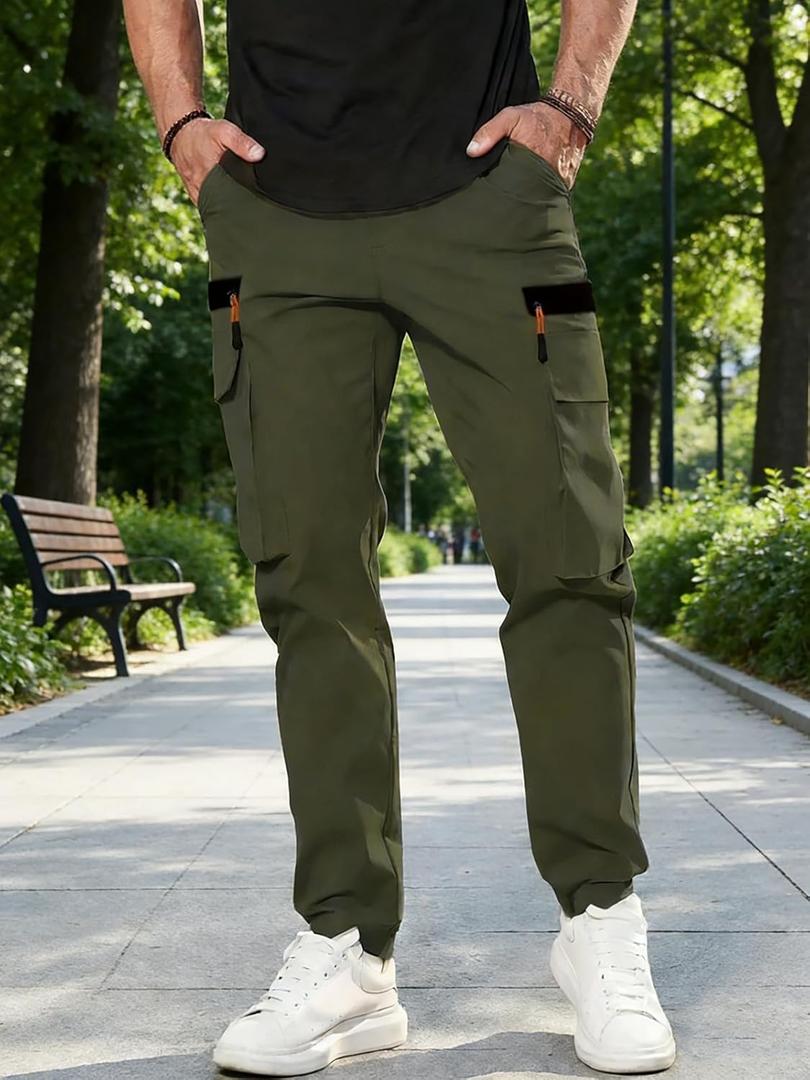 Men's Casual Cargo Pants Elastic Waist Breathable with Pockets (Large, Green)