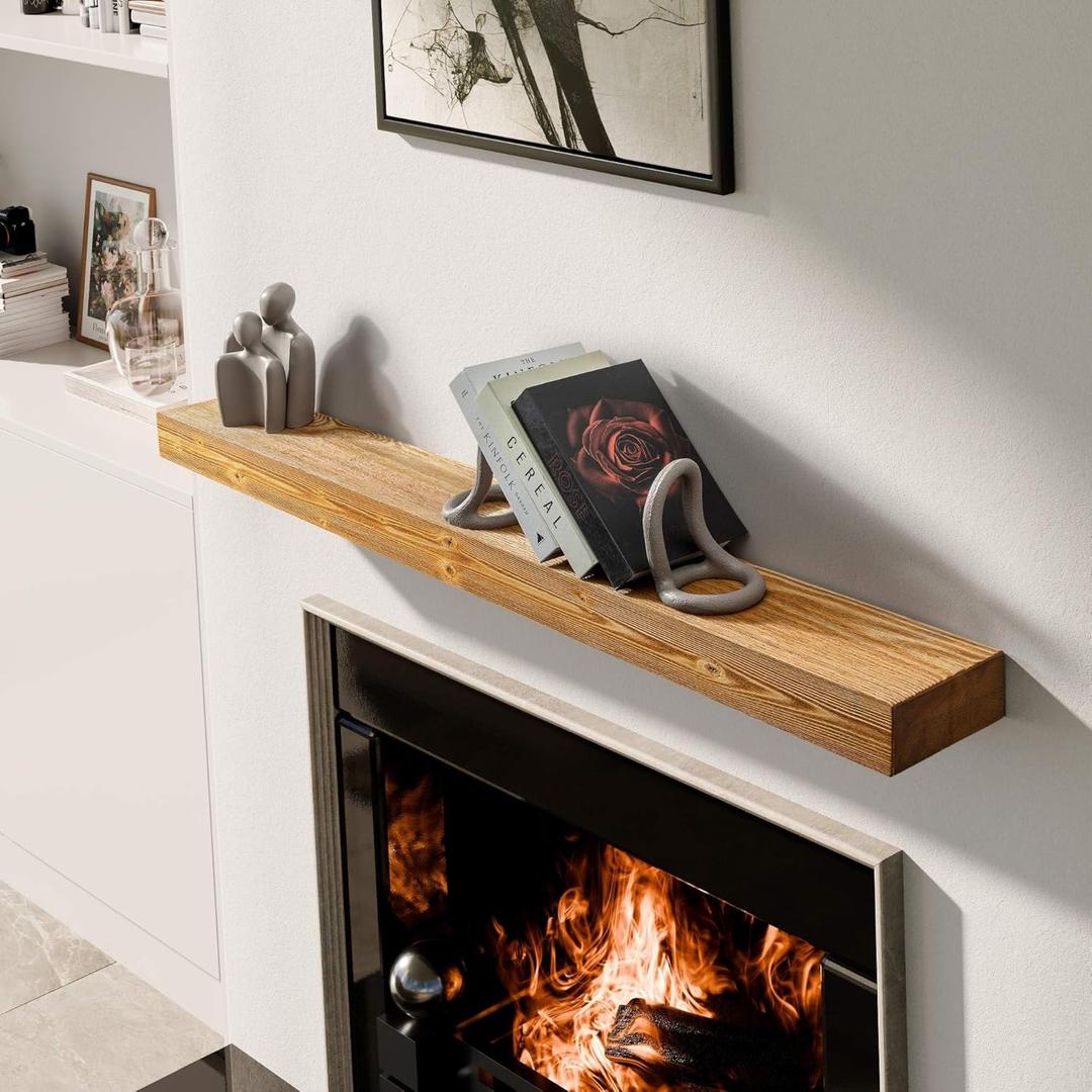 BoscoMondo Solid Wood Fireplace Mantel Shelf, Floating Mantle for Living Room, Farmhouse Rustic Wood Mantel, Easy Wall Mount with Heavy-Duty Metal Bracket (60", Oak)