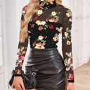 Poetsky Black Tops for Women Lace Boho Floral Sexy Long Sleeve Shirts Mesh Sheer Going Out Tops Fall Clothes XXL  