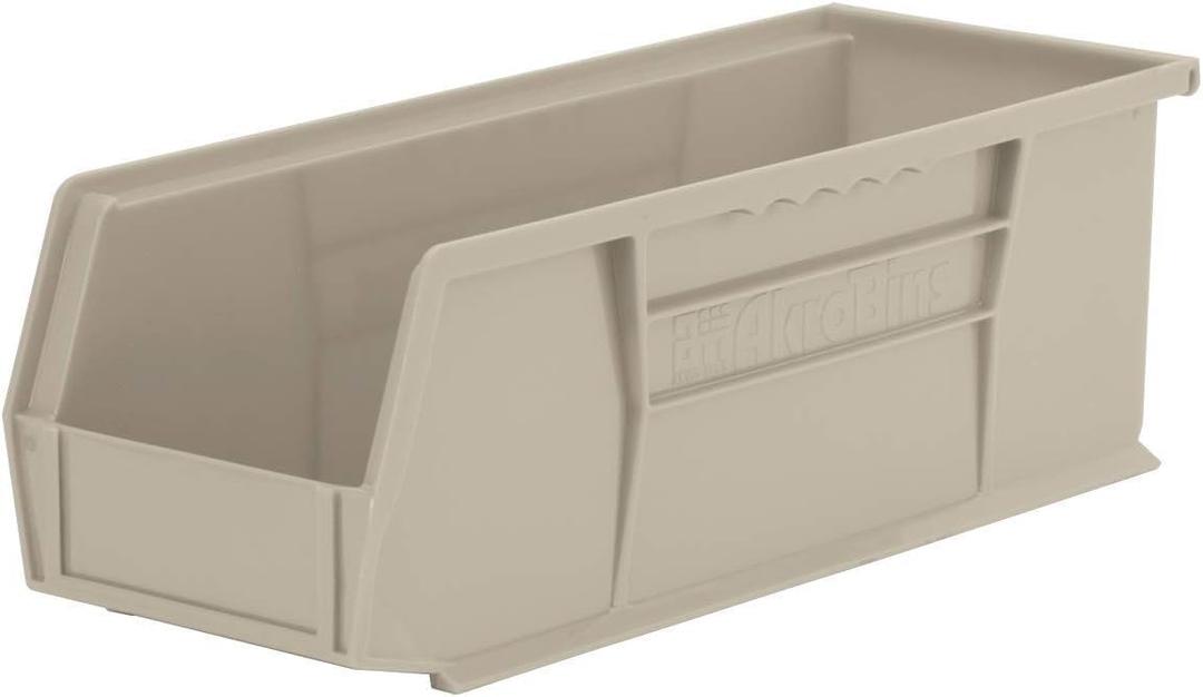 Akro-Mils 30234 AkroBins Plastic Storage Bins, Space-Saving Stackable Bins for Garage, Pantry, Craft Organization, 15" x 5" x 5", Stone, 12-Pack