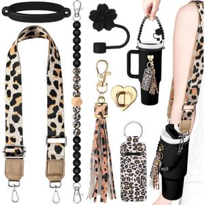 Skylety 7 Pcs Leopard Silicone Cup Accessory Set Compatible with Stanley Cup Leopard Beaded Bottle Strap Carrying Strap Lipstick Holder Tassel Charm Straw Cover Bottle Ring 8-40 oz Tumbler(Black)