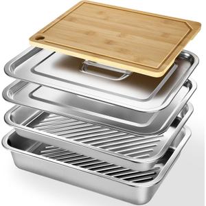 5-in-1 Grill Prep Tray and Carry System, Outdoor Grilling Prep & Serve BBQ Food Tray Accessories, Stainless Steel Meat Marinating Container with Lid & Cutting Board, Metal Cooked Meat Platter