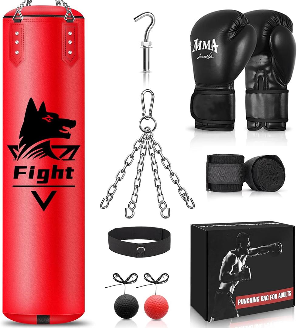 4FT Hanging Punching Bag for Adults, Super PU Leather Boxing Training Equipment Heavy Bag with 12OZ MMA Gloves, Unfilled Kicking Bag Boxing Set for Training Karate Kickboxing Muay Thai (Red)