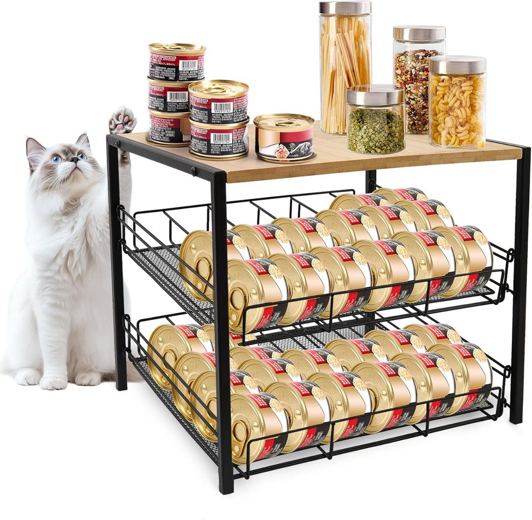 Bamboo & Iron Cat Food Organizer for Pantry, 2-Tier Can Stackable Storage Rack Holds 48 (3oz) Cans, Flat Top for Extra Storage, Automatic Slide-Down Perfect for Pet Food Cans