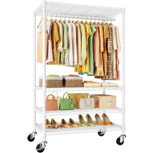 ULIFHOME P9 Rolling Clothes Rack Heavy Duty, Clothing Racks for Hanging Clothes, 4 Tiers Garment Rack with Wheels, Metal Portable Closet Rack, 35.5" L X 15.8" W X 80.5" H, Max Load 445 LBS, White