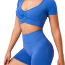 TAYOEA Crop Tops Workout for Women Yoga Short Sleeve Shirts Seamless V-Neck Gym T Shirts with Built in Pads (Medium, Blue)