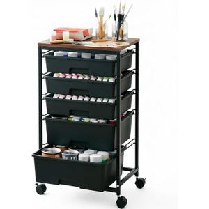SYKIARIOL 5-Tier Rolling Utility Storage Drawer Craft Cart on Wheels with Wooden Tabletop, Mobile Craft Storage Drawer Cart Trolley for Home Office, Classroom, Craft Room & Kid Room, Black