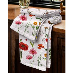 Miss Adola 2pcs Waffle Kitchen Towels - 16x26 Inch Cotton Waffle Weave Dish Cloths Set of 2 with Hanging Loop Absorbent Hand Tea Towels Elegant Design for Housewarming Gift, Wildflower
