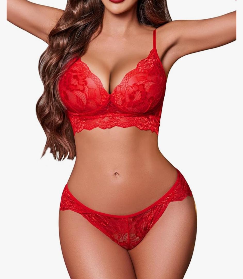 ADOME Women's Lace Lingerie Bra and Panty Set Strappy Babydoll Bodysuit ,L