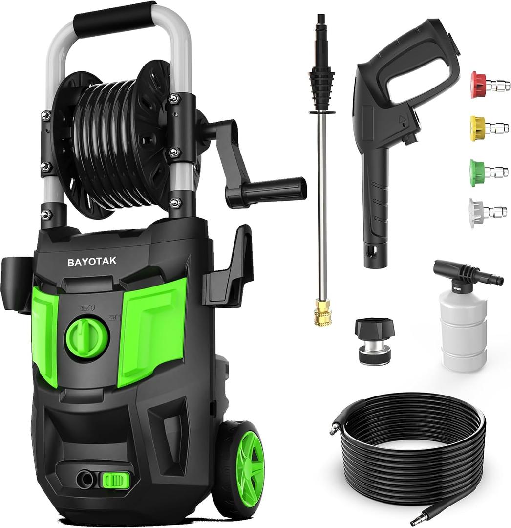 Electric Pressure Washer, 5200 PSI Max 3.4 GPM, High Pressure Cleaning Machine with Foam Cannon, 35 FT Power Cord, 20 FT Hose, 4 Connect Nozzles Hose Reel for Cars/Patio/Garage