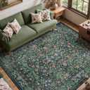 Floral 8x10 Area Rugs for Living Room, Machine Washable Vintage Rug Boho Low Pile Carpets Non Slip Soft Carpet for Farmhouse Bedroom Office Rugs, Kids Room, Nursery Room, Playroom, Green