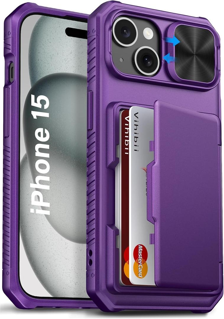 Vihibii for iPhone 15/14/13 Wallet Case, Built-in Card Holder (4 Cards), RFID Blocking & Slide Camera Cover, Military Grade Drop Protection, Rugged Hard Phone Case, Dark Purple