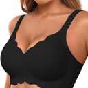 Bras for Women No Underwire Wireless Bras with Support & Lift Seamless Scalloped Full Coverage Tshirt Bra (Large, Black)