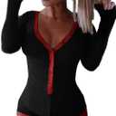 Roselux Women's Sexy Deep V Neck Shorts Long Sleeve Knitted One Piece Bodysuit Sexy Pajama Onesie Bodycon Rompers Overall size XL