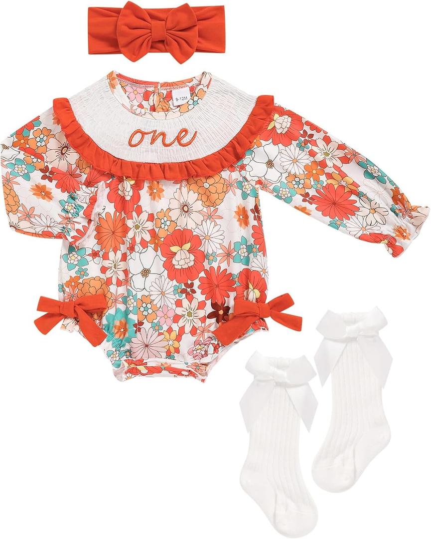 GRNSHTS Baby Girl 1st Birthday Outfits One Year Old Printed Romper Embroidery Bodysuit Cake Smash Clothes (12-18 Months, Orange)