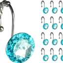 Sunlit Luxury Design Round Teal Blue Diamond Crystal Gem Bling with Glide Balls Shower Curtain Hooks for Mermaid Shower Curtains, Rust Proof Metal Rhinestones Glam Shower Curtain Rings-12 Pack