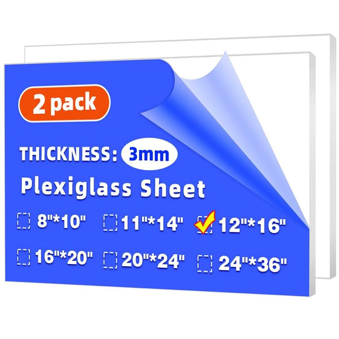 (2 Pack) 12" x 16" Plexiglass Sheets 1/8 inch Thick (3mm), Clear Acrylic Sheets Panel Cut to Size Plexiglass Acrylic Board, Cut with Engraver, Power Saw or Hand Tools, No Laser Cut.