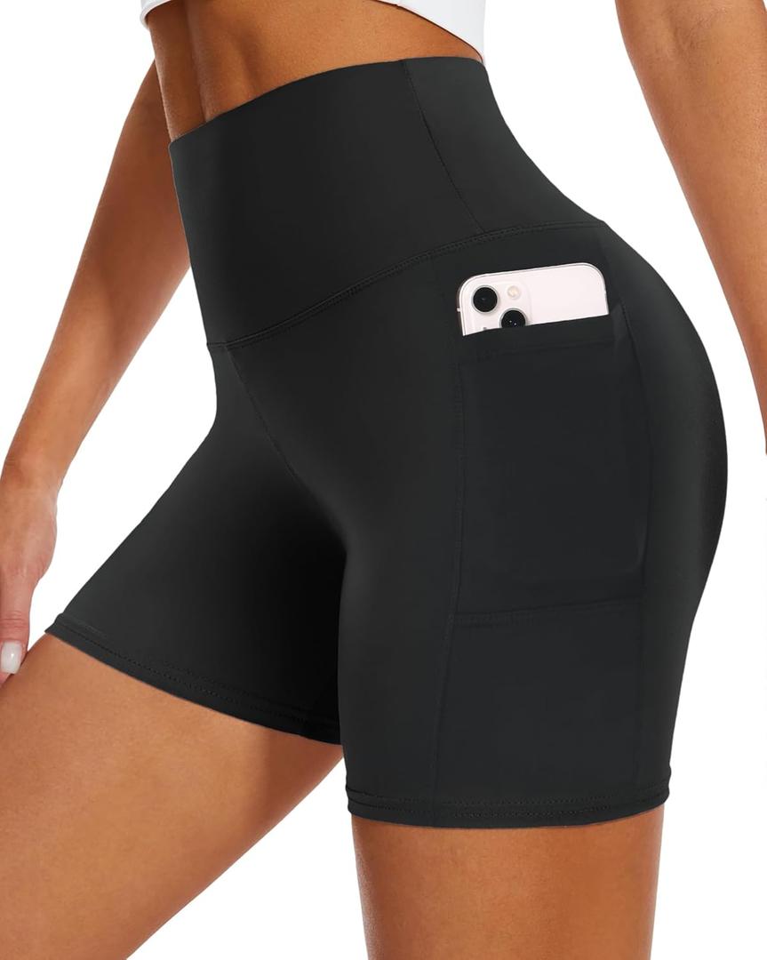 DHSO High Waisted Biker Shorts for Women-5" Tummy Control Fitness Athletic Workout Running Yoga Gym Shorts (XX-Large-3X-Large, 01 Black-with Pockets)