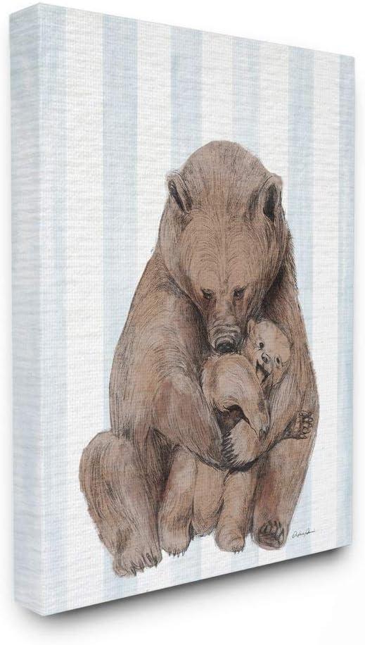 Stupell Industries Charming Family Bear and Baby Cub Blue Stripe Nursery Illustration, Designed by Daphne Polselli Wall Art, 30"x40", Canvas