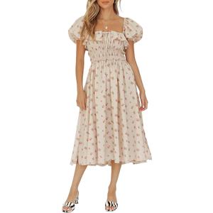 R.Vivimos Womens Summer Floral Print Puff Sleeves Vintage Ruffles Midi Dress (Small, Beige)