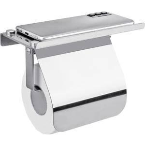 Toilet Paper Holder with Phone Shelf and Waterproof Cover, SUS 304 Stainless Steel Tissue Roll Storage Rack (Polished Chrome) (Medium)