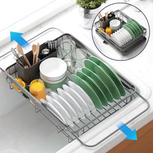 Kitsure Dish Drying Rack- Space-Saving Dish Rack, Dish Racks for Kitchen Counter and Sink, Stainless Steel Kitchen Drying Rack with a Cutlery Holder, 12''W x 15''~23''L, Grey