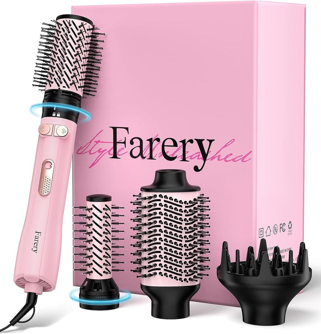 Farery 4-in-1 Rotating Blow Dryer Brush Set | Oval Volumizing Barrel, 1.5" & 2" Rotating Brushes, and Diffuser | All-in-One Hot Air Brush for Fast Drying, Volumizing, and Smoothing