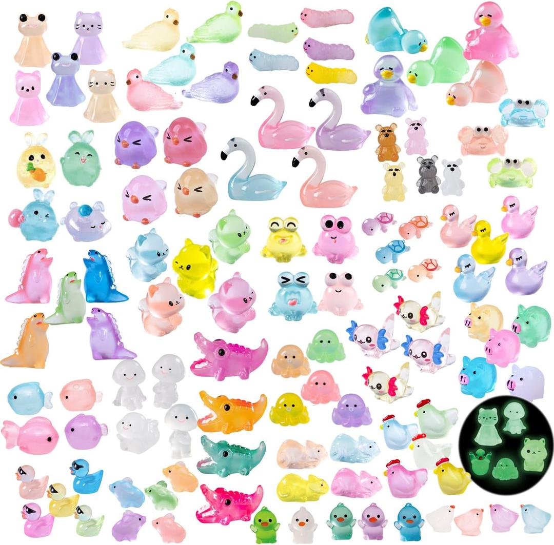 130 Pcs Glow-in-The-Dark Mini Resin Animals 25 Styles Tiny Little Animal Figures Small Animal to Hide Luminous Miniature Animals Figurines Bulk for Fairy Garden Dollhouse Craft Accessories