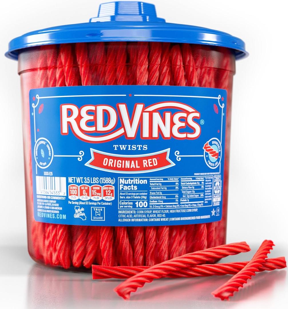 Red Vines Licorice Candy Original Red Flavor Soft Chewy Candy Twists, Red Licorice 3.5 Lb Jar