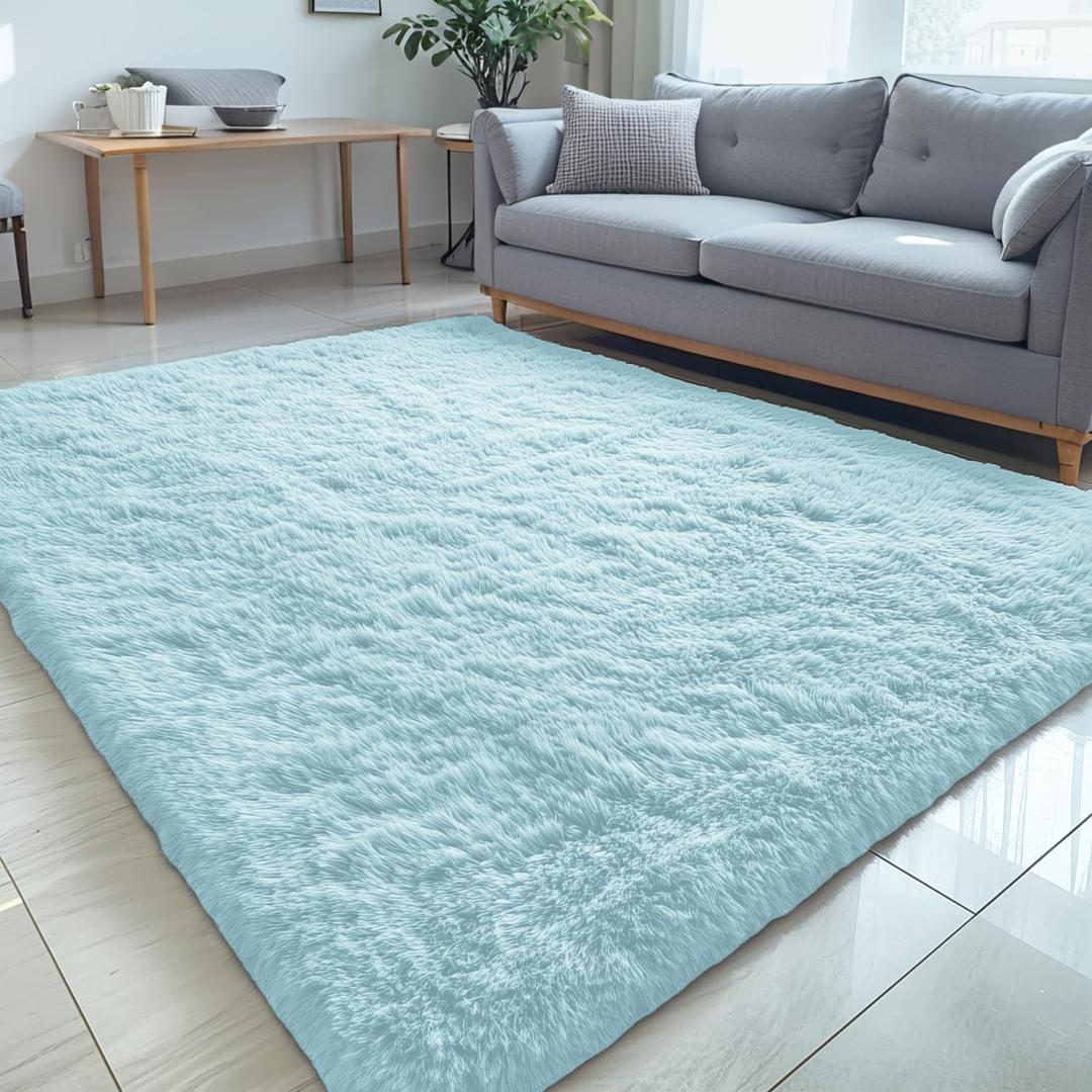 OLANLY 5x7 Machine Washable Large Area Rugs for Living Room, Bedroom, Soft Fluffy Shaggy Bedside Rug, Indoor Floor Carpet for Kids Girls and Boys, Dorms, Nursery, Home Decor Aesthetic, Light Bluey
