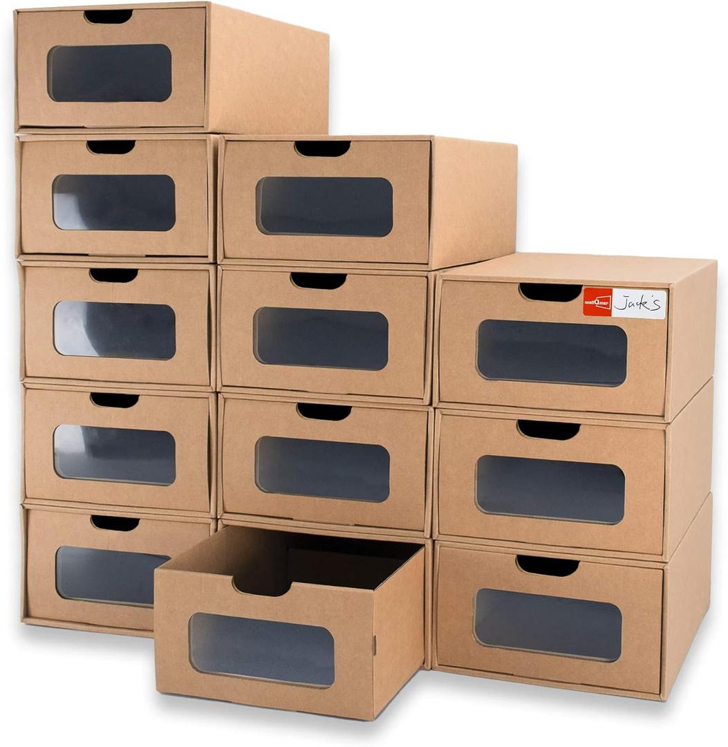 Shoe Boxes Cardboard, 12 Pack, Big Size, Waterproof, Heavy Duty, Stackable Shoe Storage Boxes, with Marking Labels, Transparent Window, 13.8" L x 9.3" W x 5.3" H