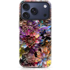 for iPhone 17 Pro Case, Stained Glass Floral Flower Vintage Design Cover, Elegant Glossy Aesthetic Hybrid 2-Layer Hard Shell Shockproof Phone Case for Girls Women 6.3'', Colorful Flowers