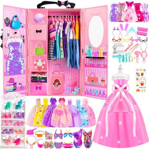 137 Pcs Doll Closet Playset Clothes and Accessories for 11.5 Inch Dolls, Included Princess Dresses, Fashion Dresses, Casual Clothing, Swimsuits,Bags, Shoes,Doll Dress up Toys for Girls Kids, Toddlers Gifts