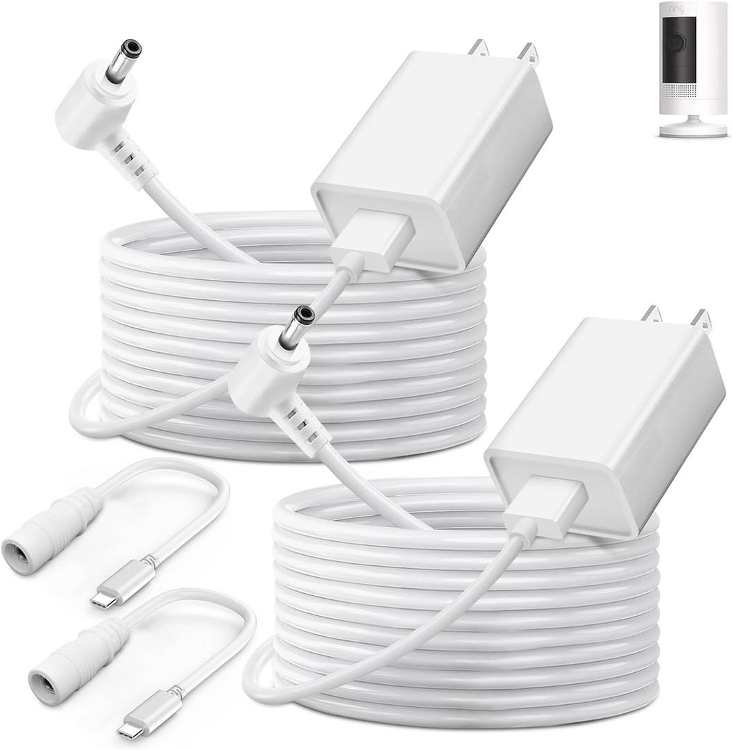 2-Pack Power Adapter Charger Cable Compatible with Ring Stick Up Cam Battery/Plug-in 3rd Gen/2nd Gen & Ring Pan Tilt Stick Up Camera, Indoor/Outdoor Weatherproof Power Cord (4m/13.1ft) White