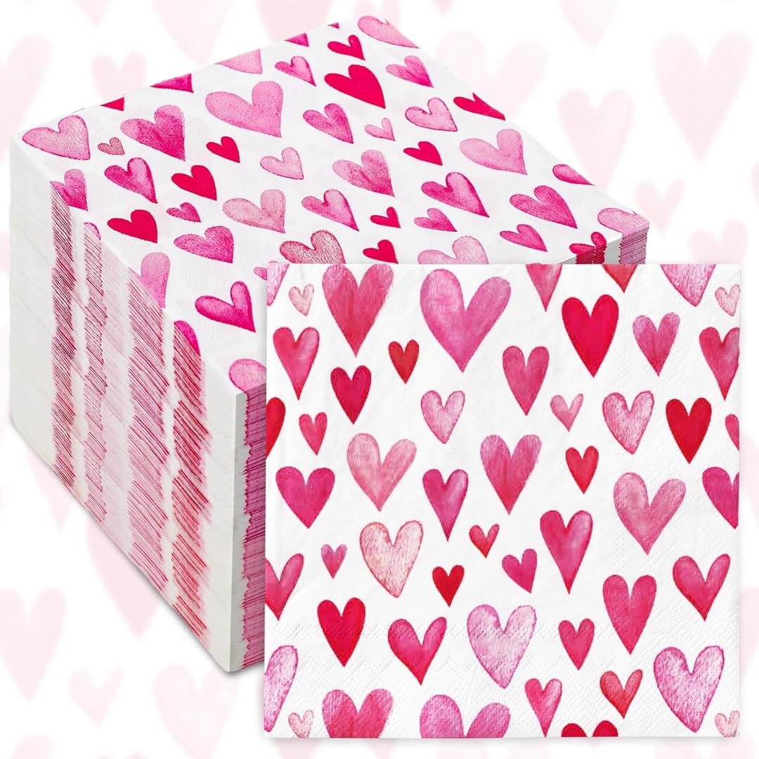 50 Pack Valentines Day Paper Napkins Pink Watercolor Heart Disposable Luncheon Dinner Napkins for Party Supplies Table Decor, 6.5 x 6.5 Inch
