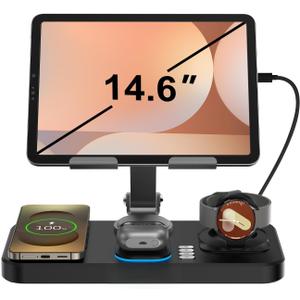 30W Wireless Charger for Samsung/Android Mag-Safe Charging Station with Clock/Light for Samsung S25/S24/S23 Ultra/Buds, for iPad/Tablet Stand, Watch Charger Only for Galaxy Watch 7/6/5,Carbon Black