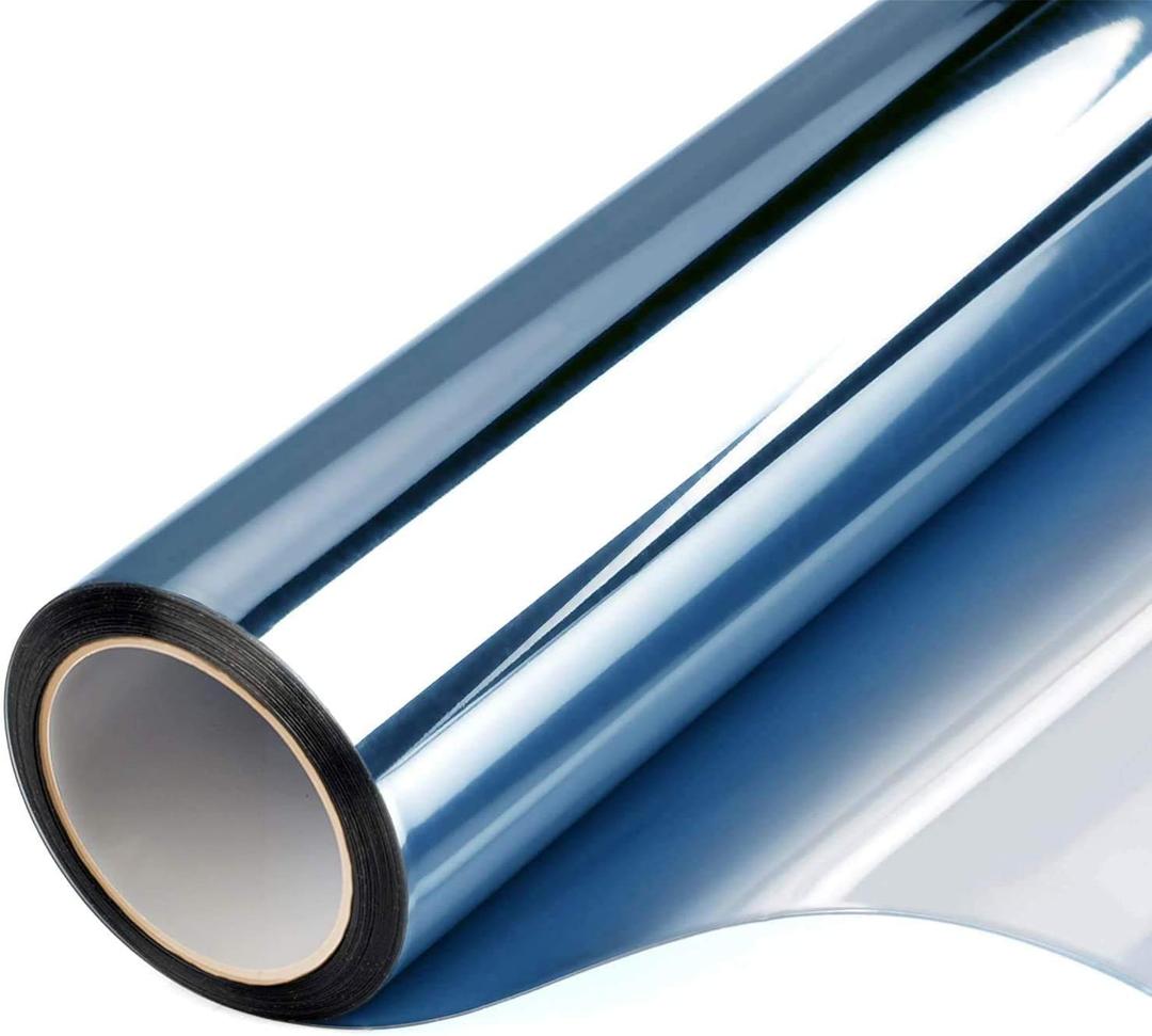 Window Privacy Film One Way Daytime Mirror Tint Treatments UV Heat Control Vinyl Stickers Sun Block Glass Paper Door Covering Reflective (Blue Silver, 17.5 Inch x 7.8 Feet)