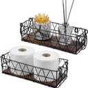 MyGift 2 Piece Wall Mounted Black Geometric Metal Nesting Storage Basket with Rustic Solid Burnt Wood Base, Small Tabletop Decorative Metal Wire Bins with Handles